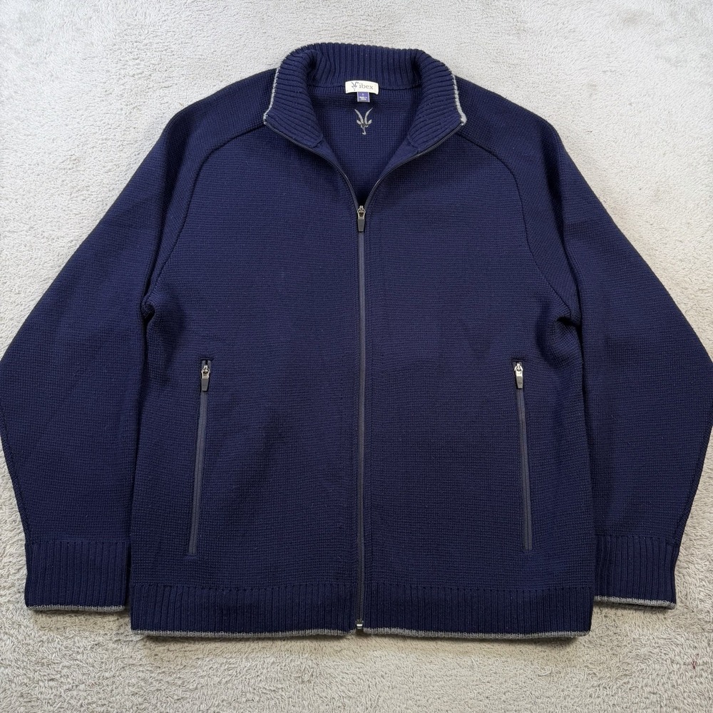 Ibex Sweater Mens Large Navy Superwash 100% Wool Knit Full Zip Pockets Jacket